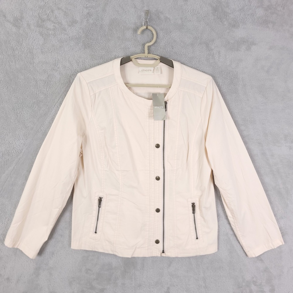 Chicos Jacket Womens Ivory Peach Sz 1/M Long Sleeve Full Zip Snap Moto Biker